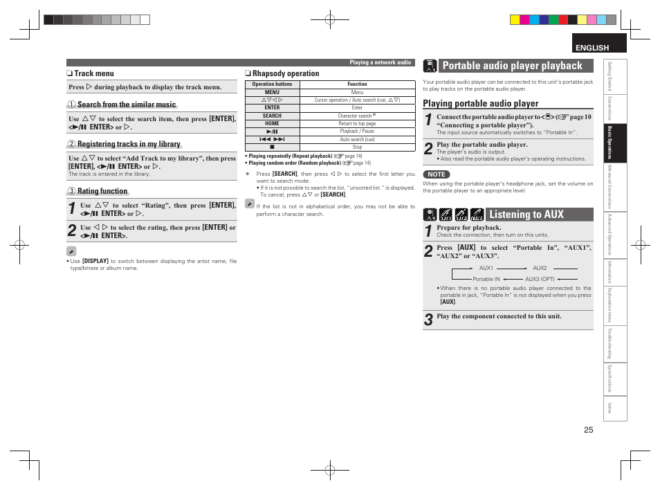 Portable audio player playback, Listening to aux, Playing portable audio player | Denon RCD-N7 User Manual | Page 29 / 58
