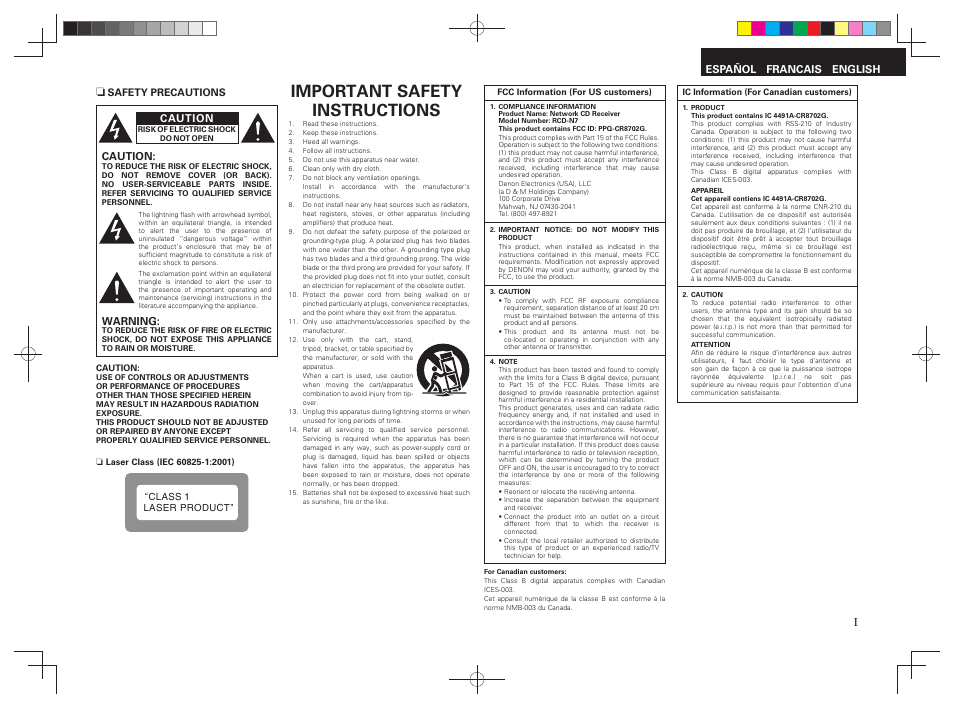 Important safety instructions | Denon RCD-N7 User Manual | Page 3 / 58