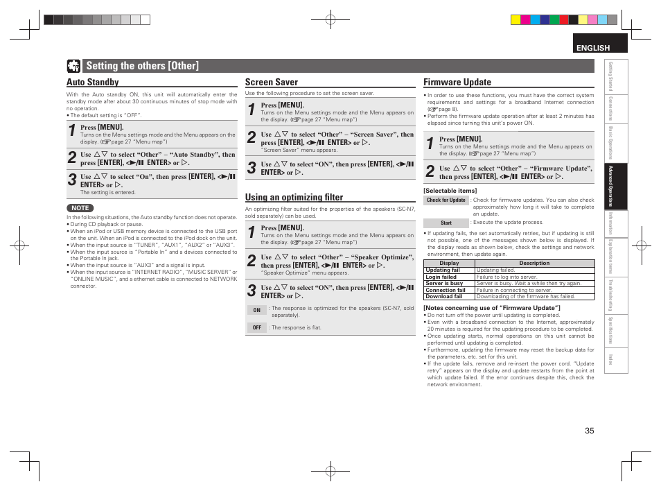 Setting the others [other, Auto standby, Screen saver | Using an optimizing ﬁ lter, Firmware update | Denon RCD-N7 User Manual | Page 39 / 58