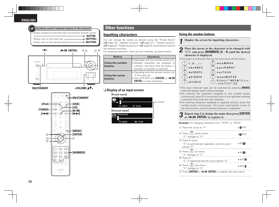 Other functions, Inputting characters | Denon RCD-N7 User Manual | Page 40 / 58