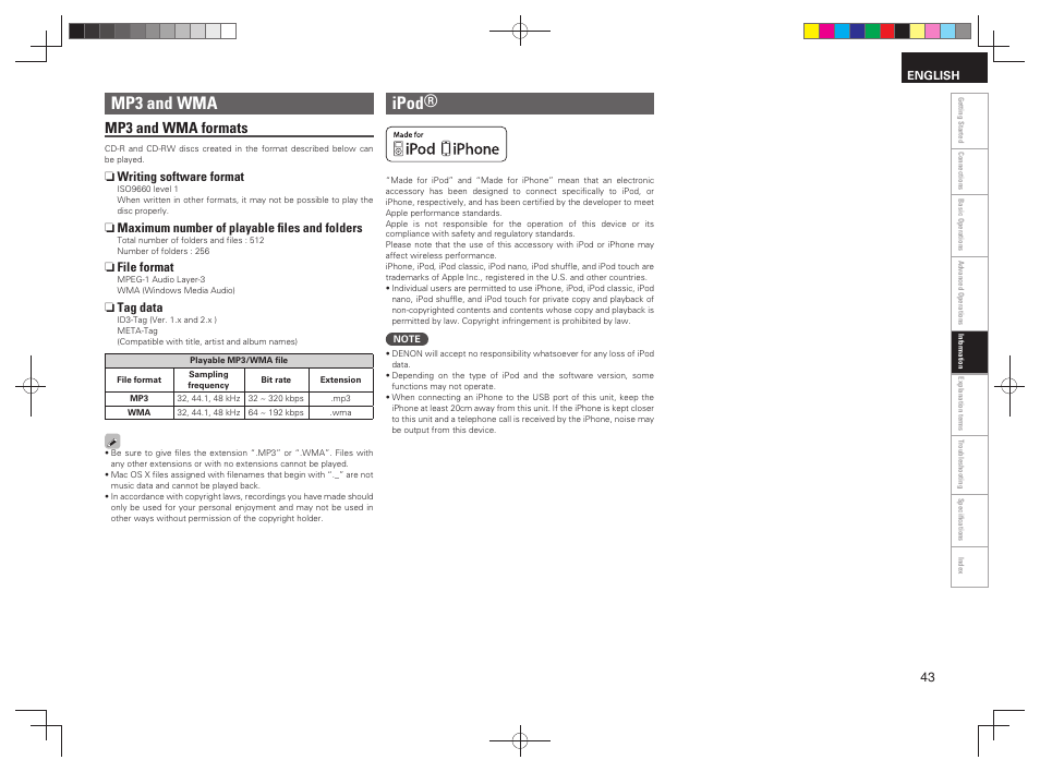 Mp3 and wma, Ipod, Mp3 and wma formats | Denon RCD-N7 User Manual | Page 47 / 58