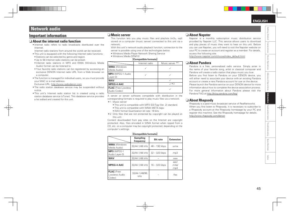 Network audio, Important information, N about the internet radio function | N music server, N about napster, N about pandora, N about rhapsody | Denon RCD-N7 User Manual | Page 49 / 58