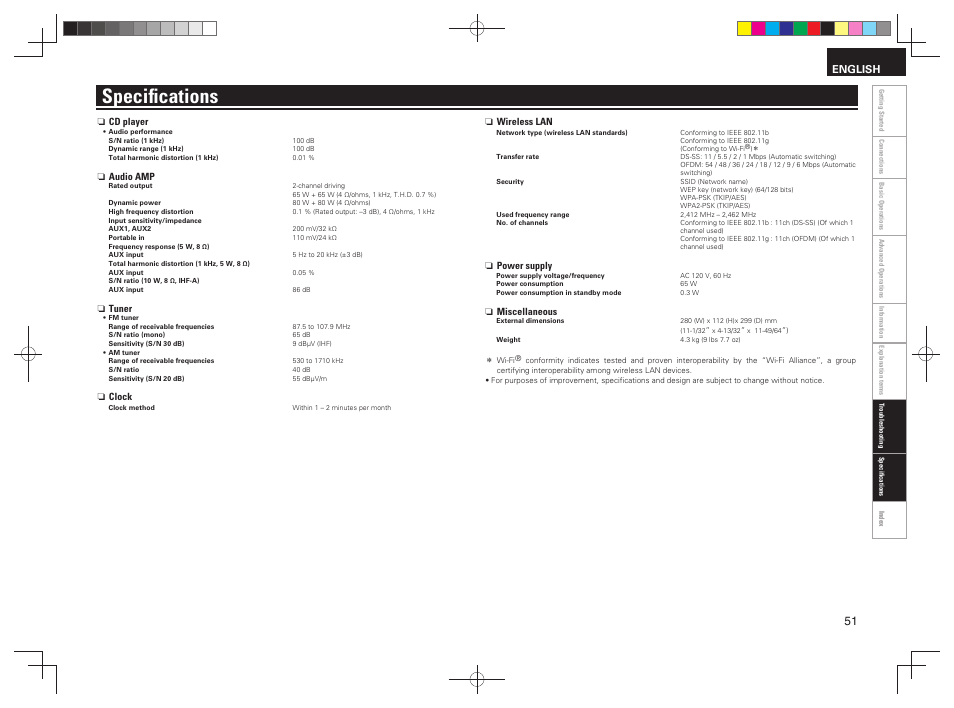 Speciﬁ cations | Denon RCD-N7 User Manual | Page 55 / 58