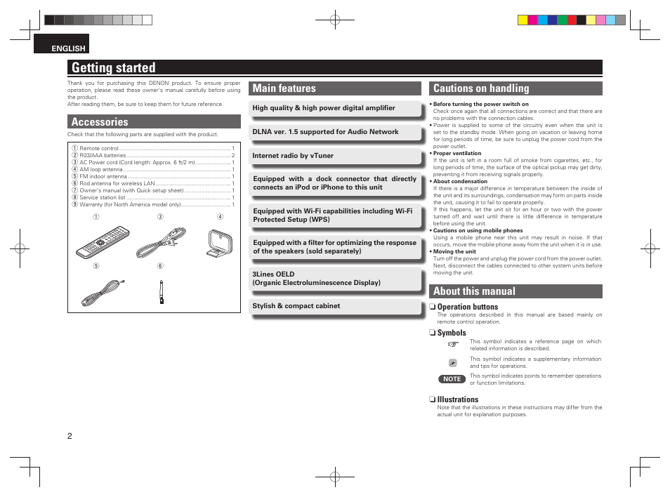 Getting started, Main features, Cautions on handling | About this manual, Accessories | Denon RCD-N7 User Manual | Page 6 / 58
