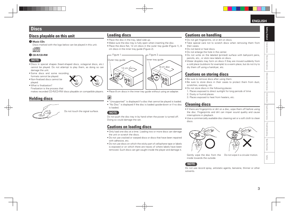 Discs, Discs playable on this unit, Holding discs | Loading discs, Cautions on loading discs, Cautions on handling, Cautions on storing discs, Cleaning discs | Denon RCD-N7 User Manual | Page 7 / 58