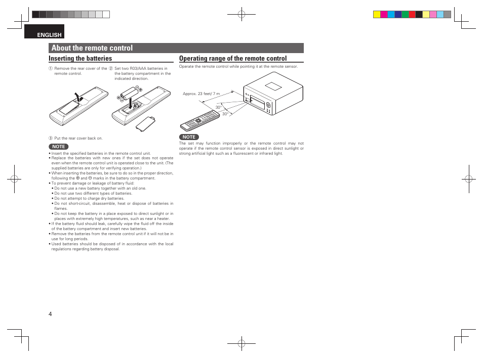 About the remote control, Inserting the batteries, Operating range of the remote control | Denon RCD-N7 User Manual | Page 8 / 58