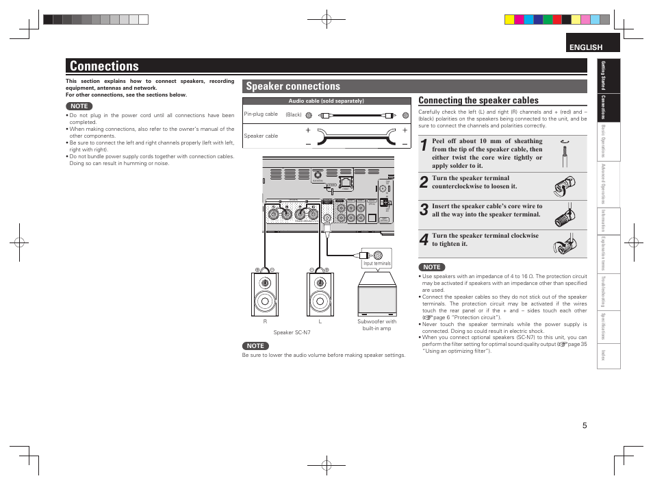 Connections, Speaker connections, Connecting the speaker cables | Denon RCD-N7 User Manual | Page 9 / 58