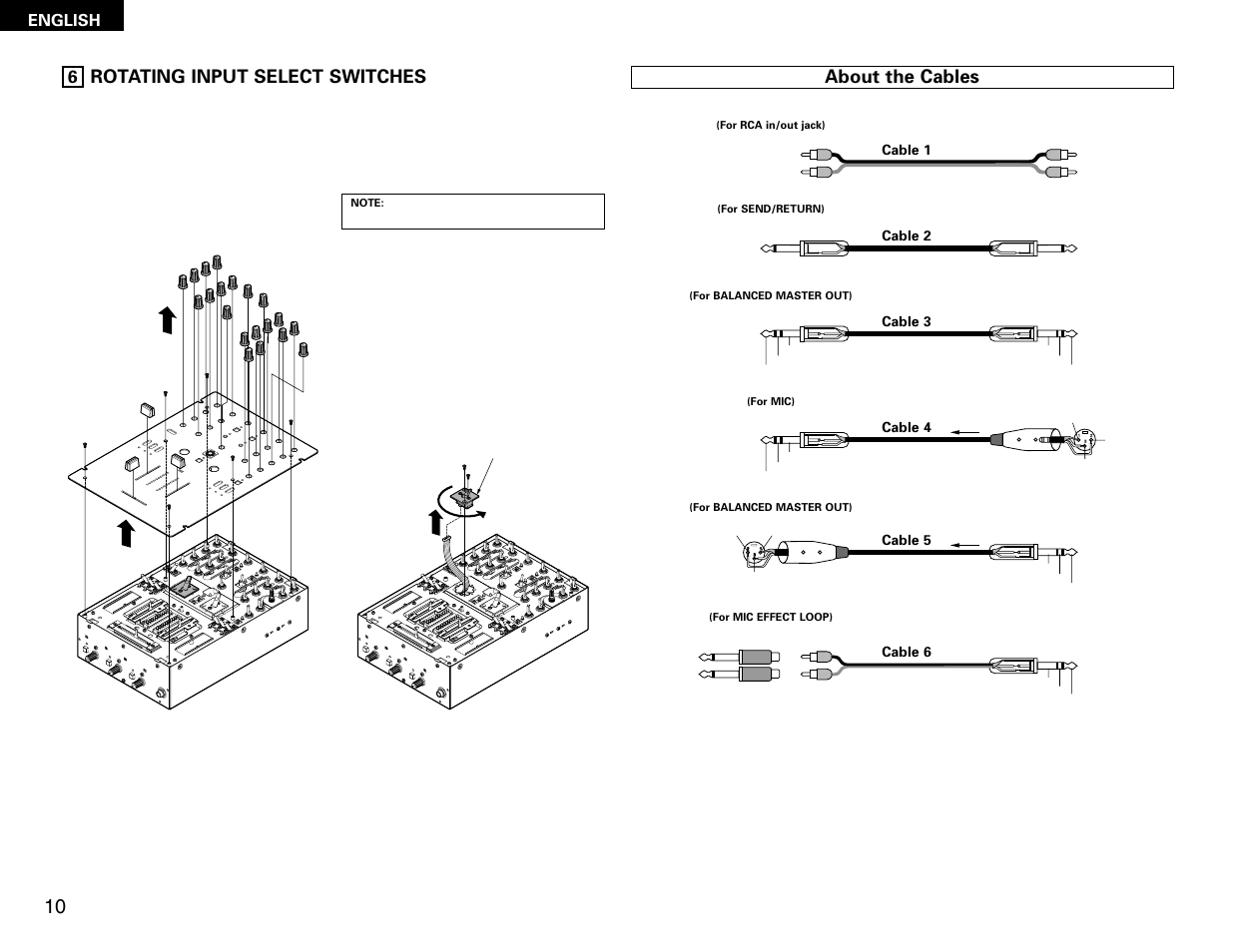 Rotating input select switches, About the cables, English | Denon DN-X300 User Manual | Page 10 / 17