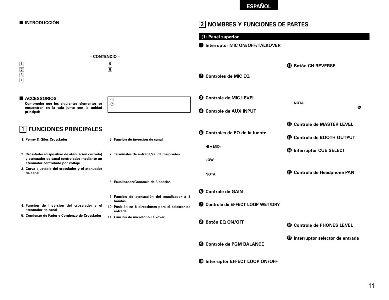 Funciones principales, Nombres y funciones de partes | Denon DN-X300 User Manual | Page 11 / 17