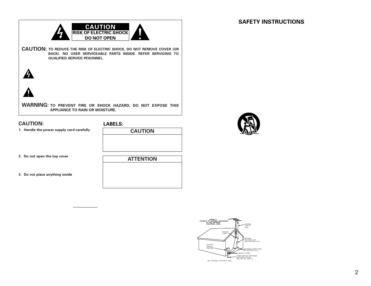Safety instructions, Caution, Warning | Attention, Labels, Risk of electric shock do not open | Denon DN-X300 User Manual | Page 2 / 17