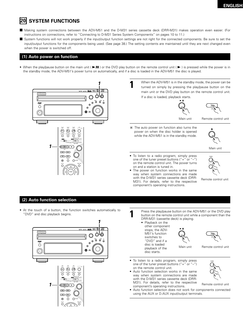 System functions, English, 1) auto power on function | 2) auto function selection, When the play/pause button on the main unit, Or the dvd play button on the remote control unit, Remote control unit, Remote control unit main unit remote control unit | Denon D-M51DVS User Manual | Page 101 / 109