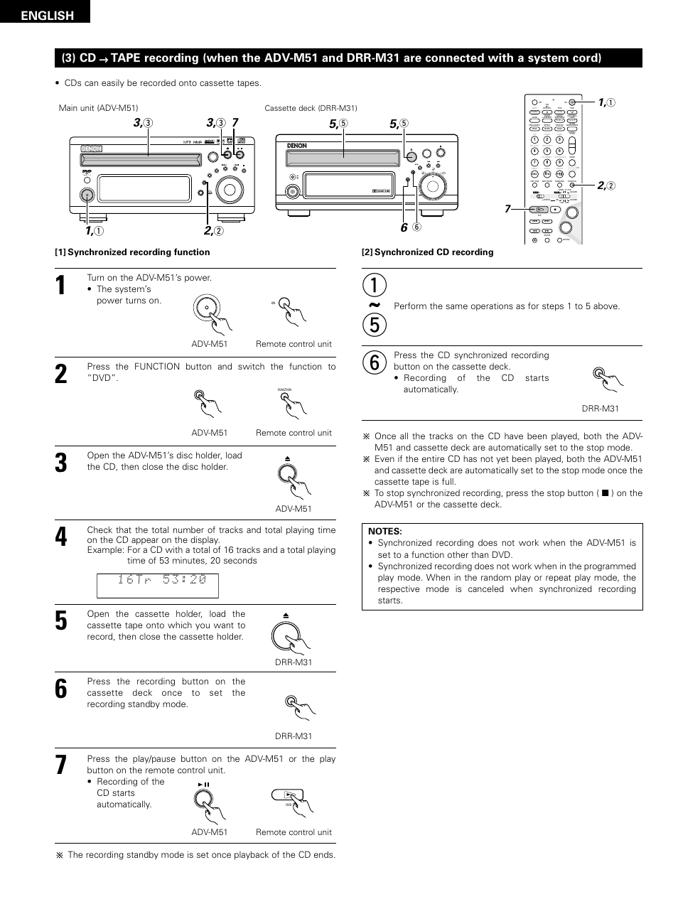 English, 3) cd, Main unit (adv-m51) | Drr-m31, Adv-m51 remote control unit | Denon D-M51DVS User Manual | Page 102 / 109