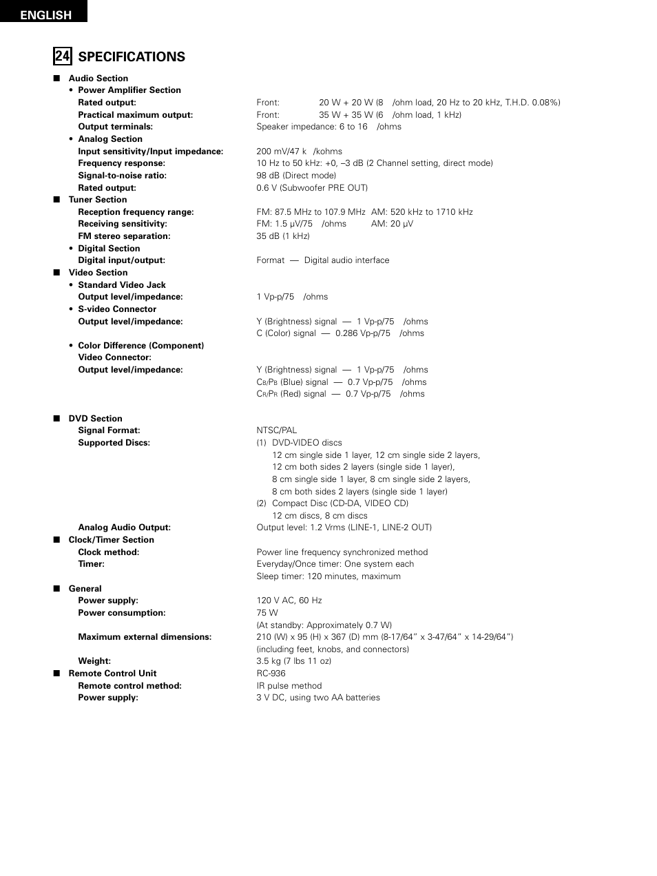 Specifications, English | Denon D-M51DVS User Manual | Page 108 / 109