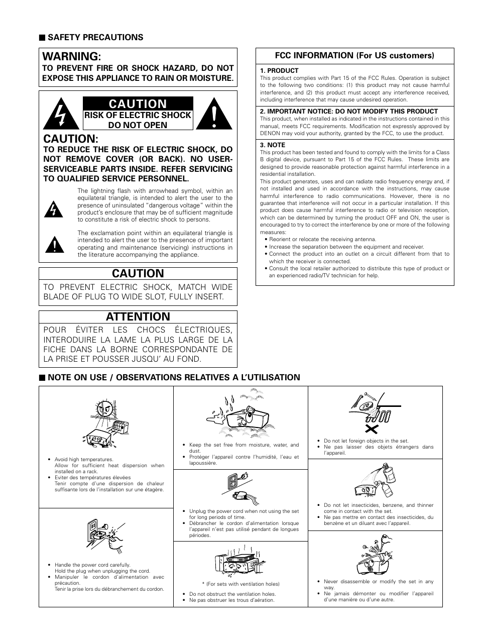 Caution, Attention, Warning | Denon D-M51DVS User Manual | Page 2 / 109