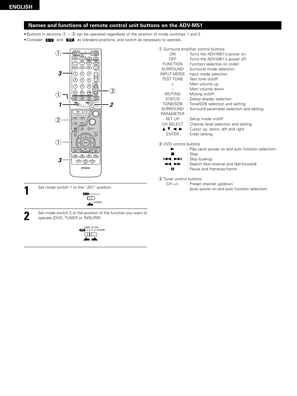 31 2 q w e 3 q q, English, Play (auto power on and auto function selection) | Stop, Skip (cueing), Search (fast-reverse and fast-forward) | Denon D-M51DVS User Manual | Page 20 / 109