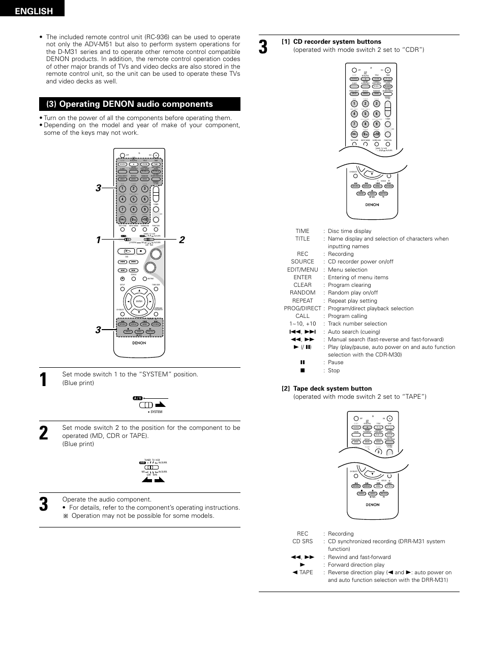 English, 3) operating denon audio components, Auto search (cueing) | Manual search (fast-reverse and fast-forward), Pause, Stop, Rewind and fast-forward, Forward direction play, Tape : reverse direction play | Denon D-M51DVS User Manual | Page 24 / 109