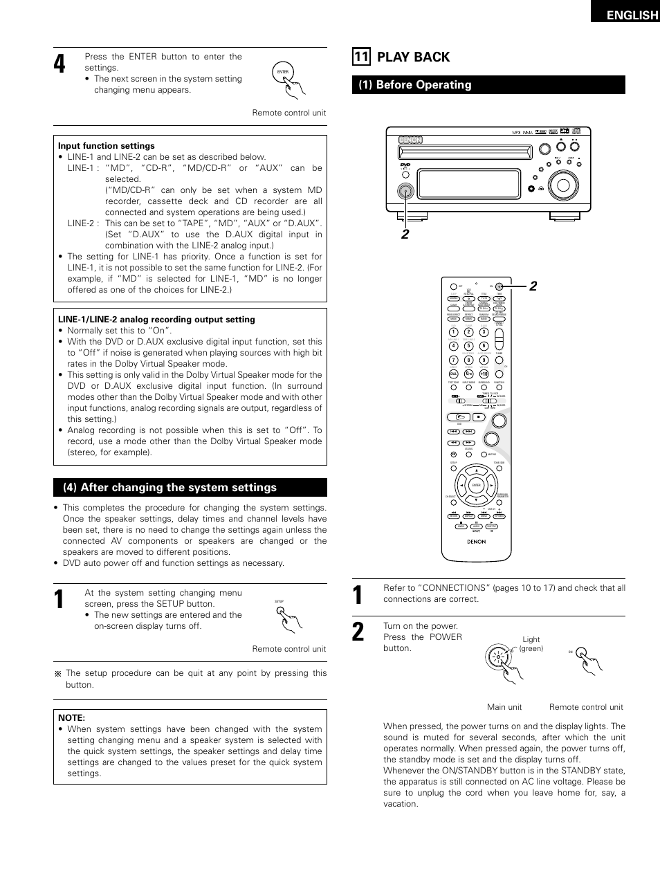 11 play back, English, 4) after changing the system settings | 1) before operating, Main unit remote control unit, Light (green) | Denon D-M51DVS User Manual | Page 39 / 109