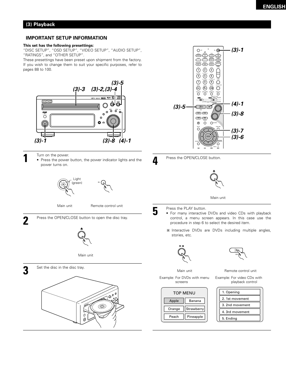 English, Important setup information, 3) playback | Top menu, Press the open/close button, Main unit, Main unit remote control unit remote control unit | Denon D-M51DVS User Manual | Page 41 / 109