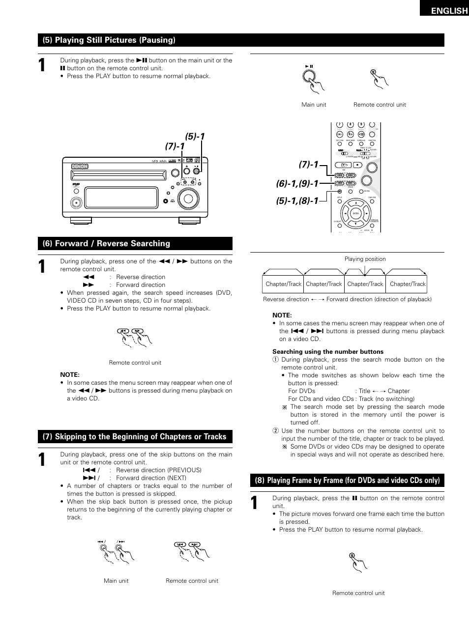 English, 5) playing still pictures (pausing) | Denon D-M51DVS User Manual | Page 43 / 109