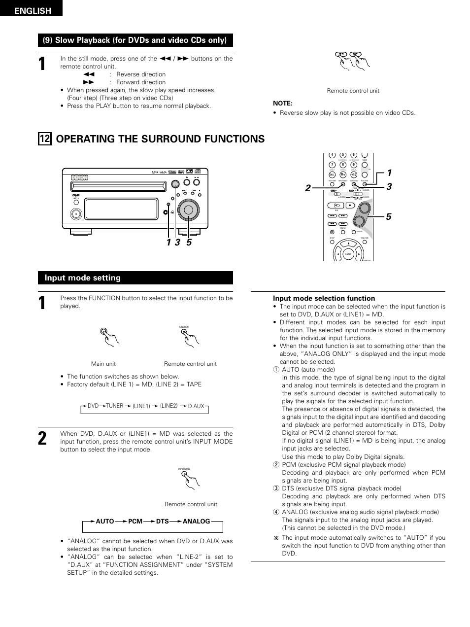 12 operating the surround functions, English, 9) slow playback (for dvds and video cds only) | Input mode setting, Input mode selection function | Denon D-M51DVS User Manual | Page 44 / 109