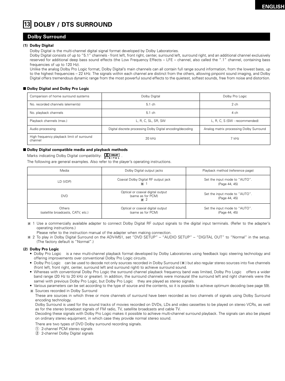 13 dolby / dts surround, English, Dolby surround | Denon D-M51DVS User Manual | Page 47 / 109