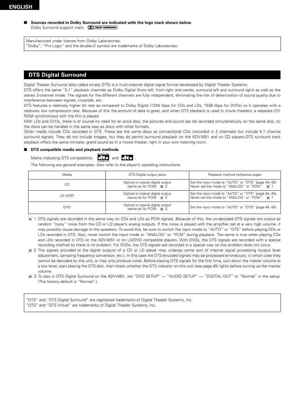 Dts digital surround, English | Denon D-M51DVS User Manual | Page 48 / 109
