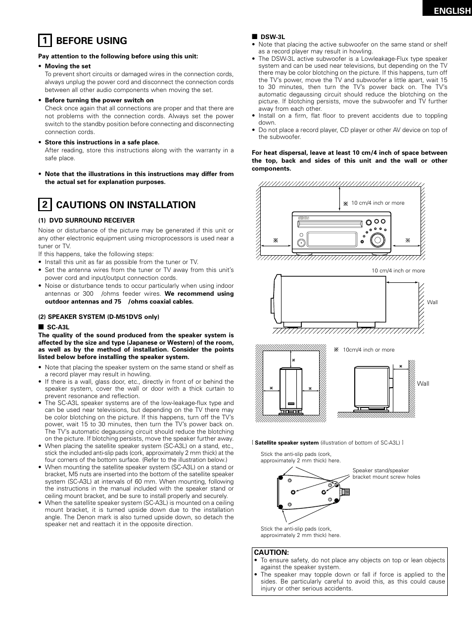1 before using, 2 cautions on installation, English | Denon D-M51DVS User Manual | Page 5 / 109