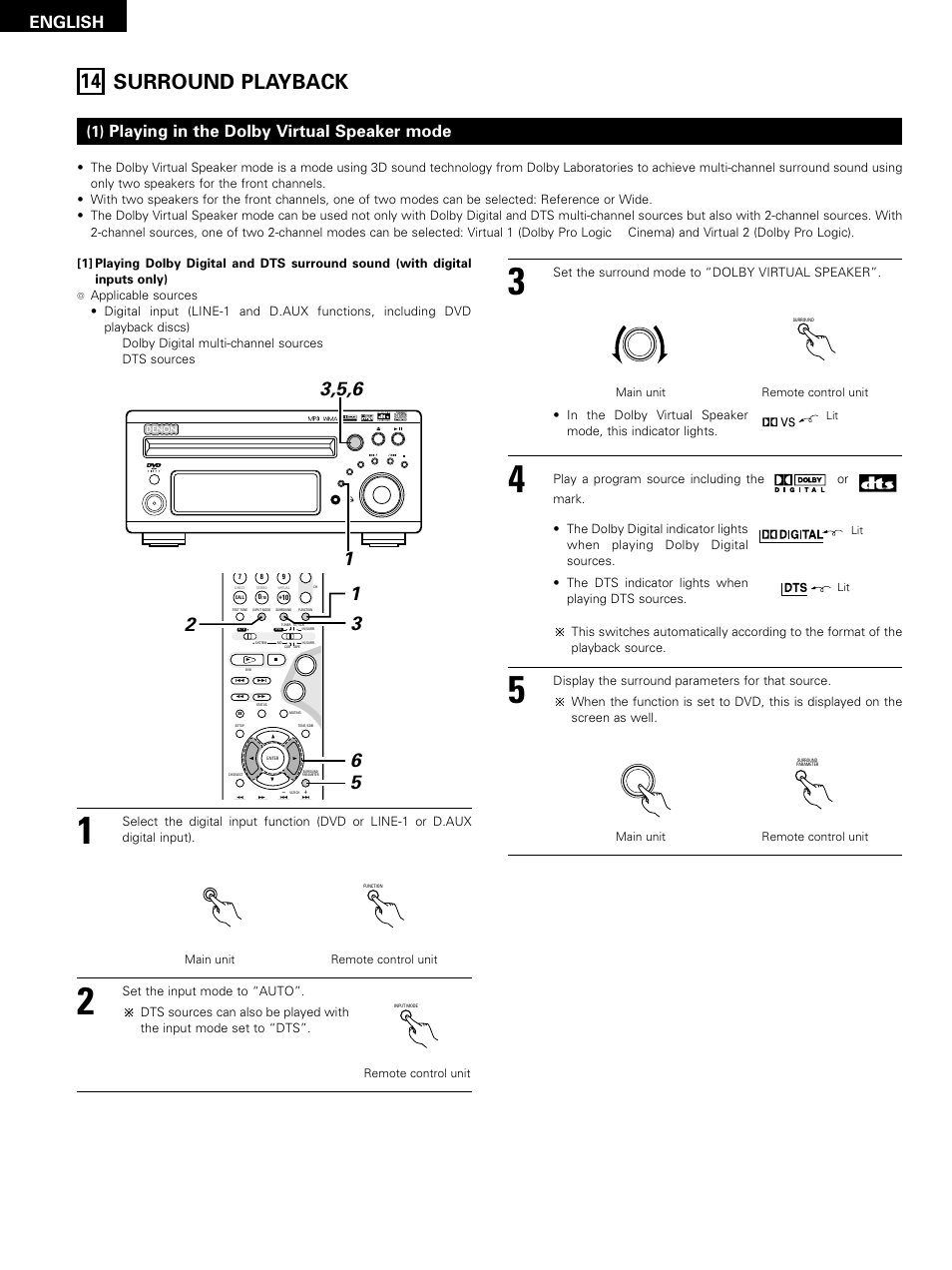 14 surround playback, English, 1) playing in the dolby virtual speaker mode | Denon D-M51DVS User Manual | Page 50 / 109