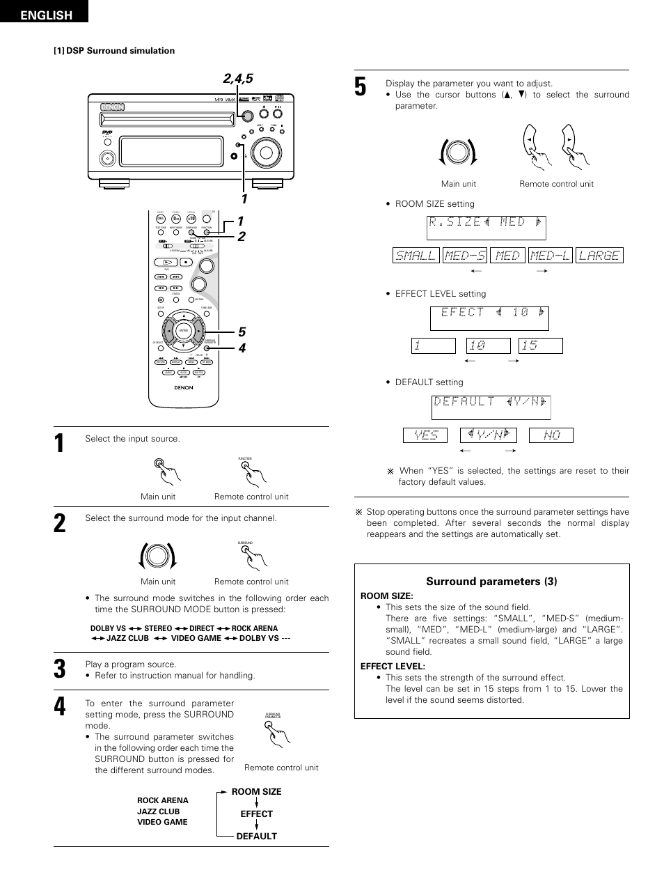 English, Med-s med med-l large , / small, Yes no | Surround parameters (3) | Denon D-M51DVS User Manual | Page 54 / 109