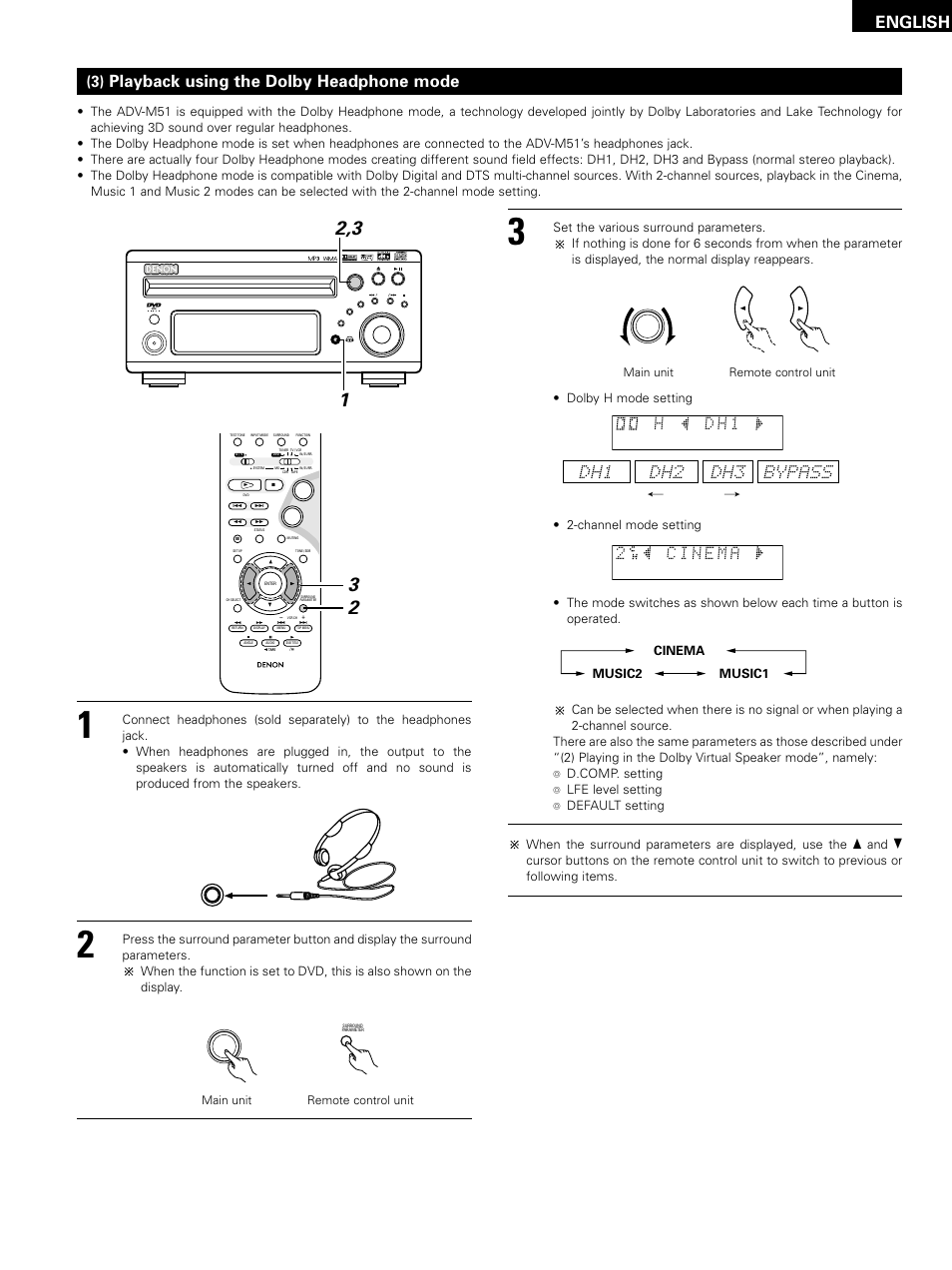 English, 3) playback using the dolby headphone mode, Dh2 dh3 bypass , / dh1 | Denon D-M51DVS User Manual | Page 57 / 109