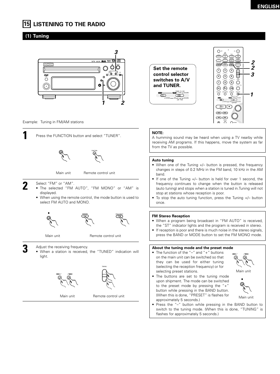 Listening to the radio, English, 1) tuning | Press the function button and select “tuner, Example: tuning in fm/am stations, Main unit remote control unit, Main unit | Denon D-M51DVS User Manual | Page 59 / 109