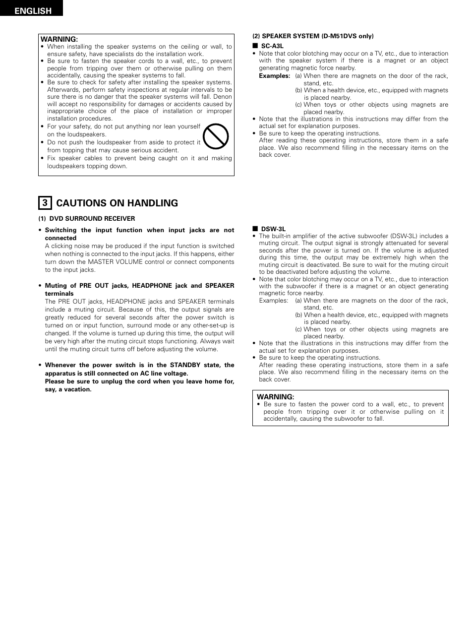3 cautions on handling, English | Denon D-M51DVS User Manual | Page 6 / 109