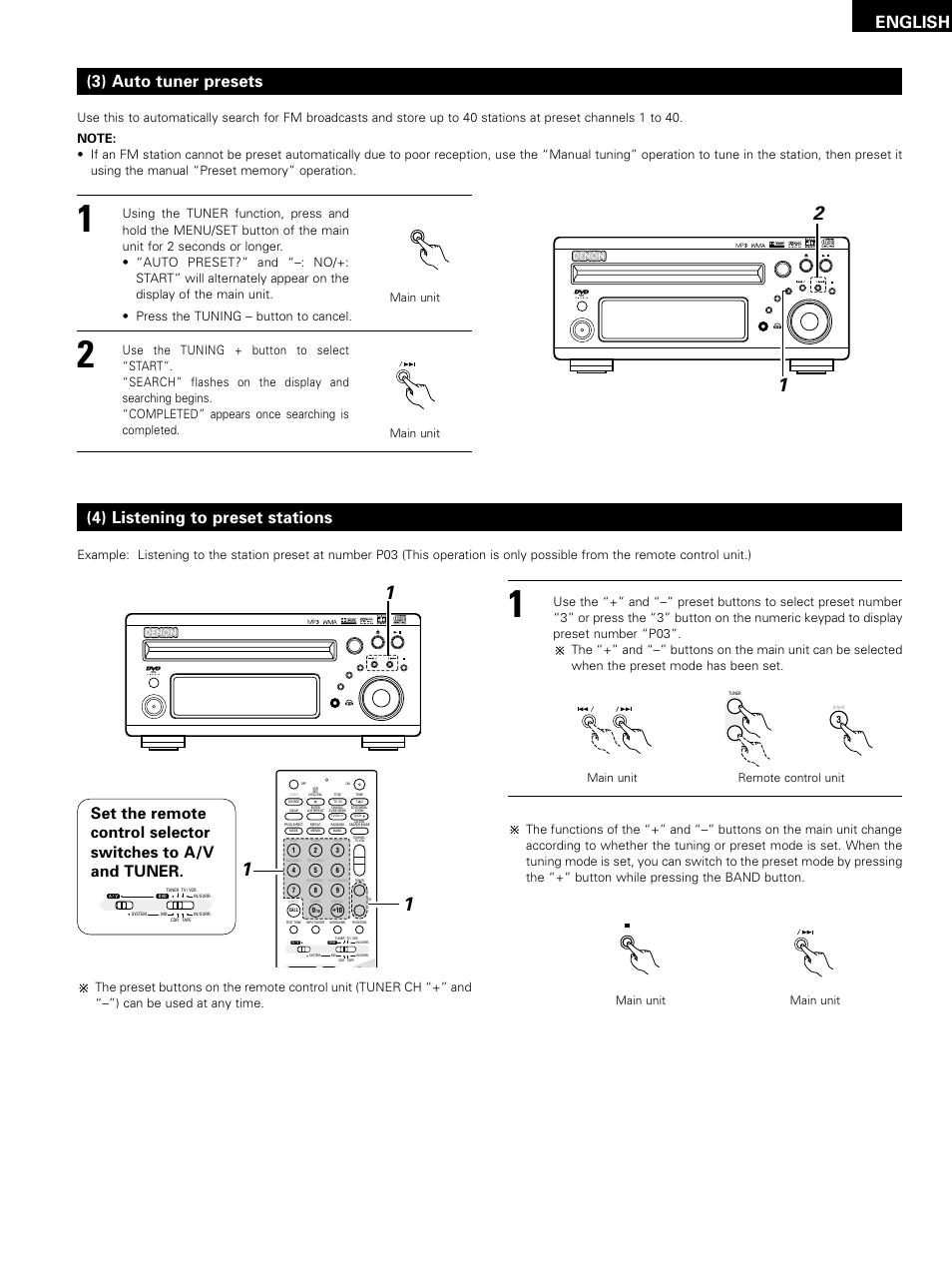 English, 3) auto tuner presets, 4) listening to preset stations | Main unit, Remote control unit | Denon D-M51DVS User Manual | Page 61 / 109