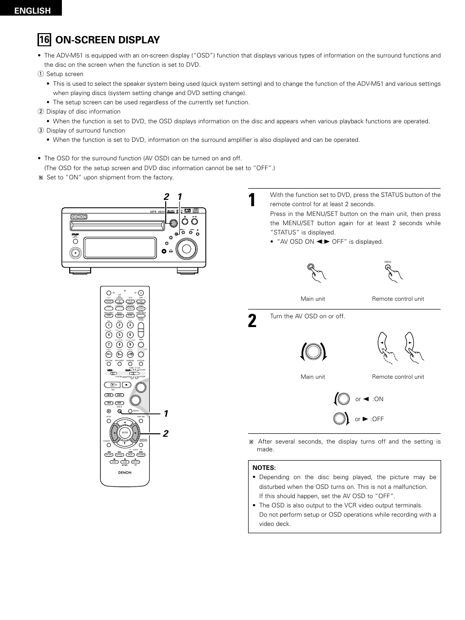 16 on-screen display, English, Off” is displayed | Main unit remote control unit, Turn the av osd on or off, Main unit remote control unit or, On or | Denon D-M51DVS User Manual | Page 62 / 109