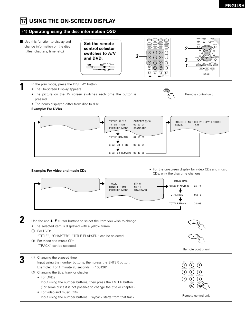 17 using the on-screen display, English, 1) operating using the disc information osd | Remote control unit | Denon D-M51DVS User Manual | Page 63 / 109