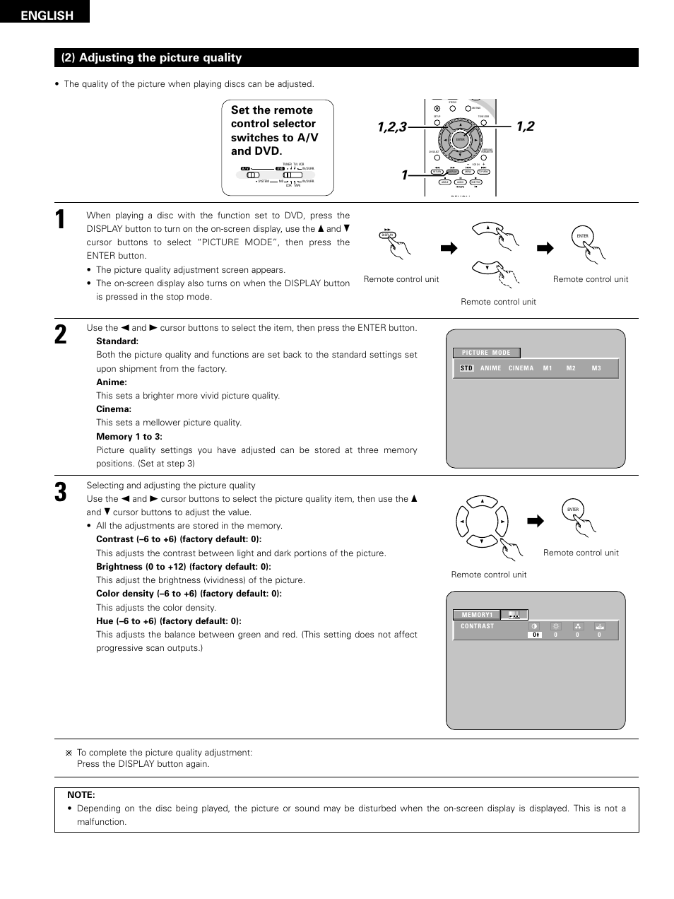 English, 2) adjusting the picture quality | Denon D-M51DVS User Manual | Page 64 / 109