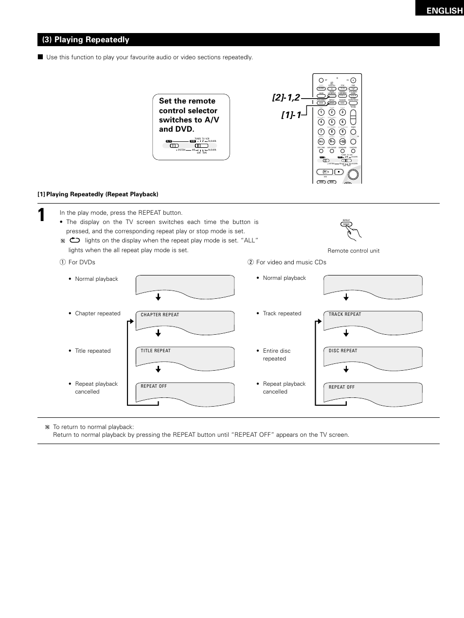 English, 3) playing repeatedly, 1] playing repeatedly (repeat playback) | Remote control unit, Q for dvds | Denon D-M51DVS User Manual | Page 65 / 109