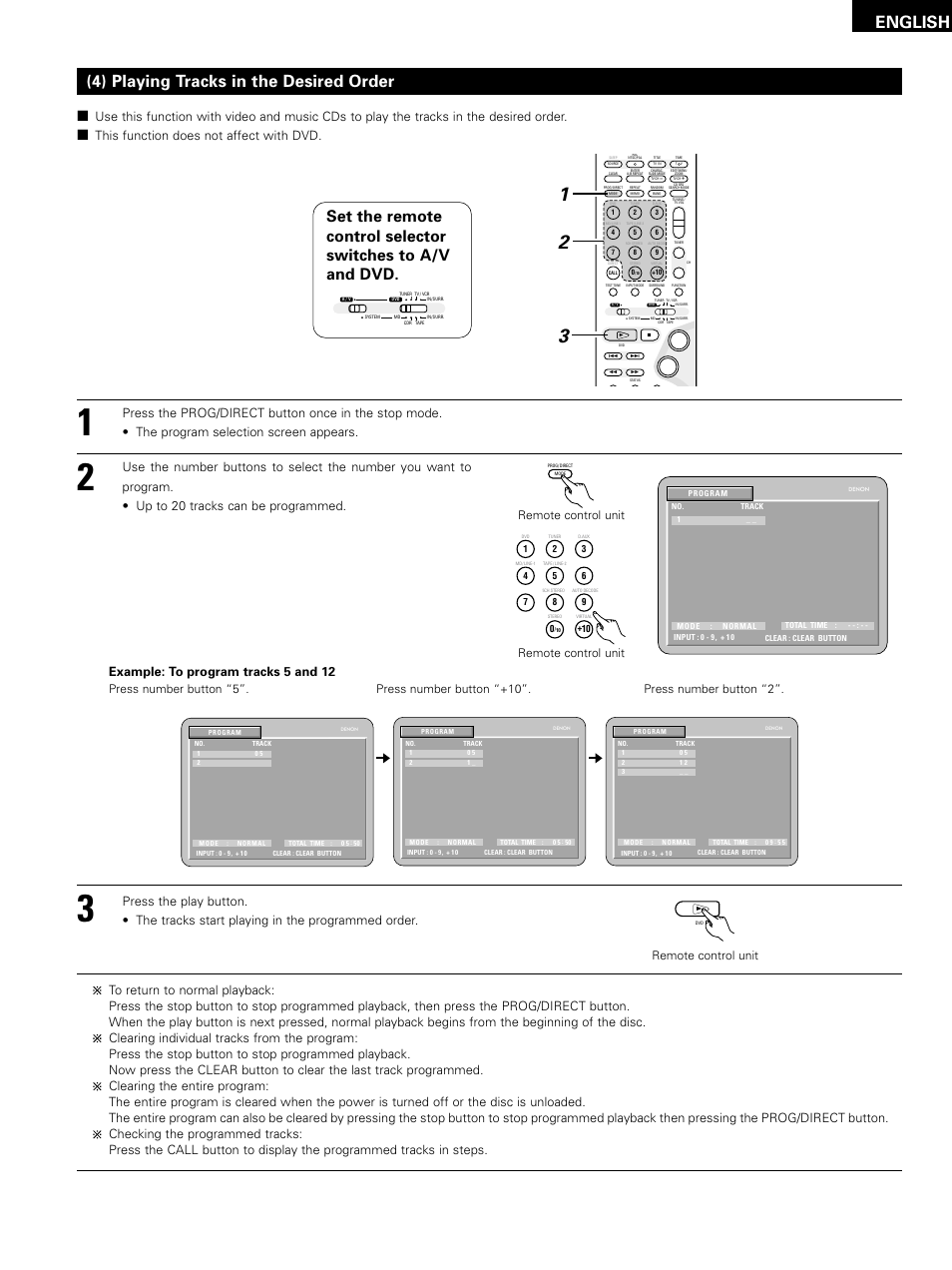 English, 4) playing tracks in the desired order, Example: to program tracks 5 and 12 | Denon D-M51DVS User Manual | Page 67 / 109