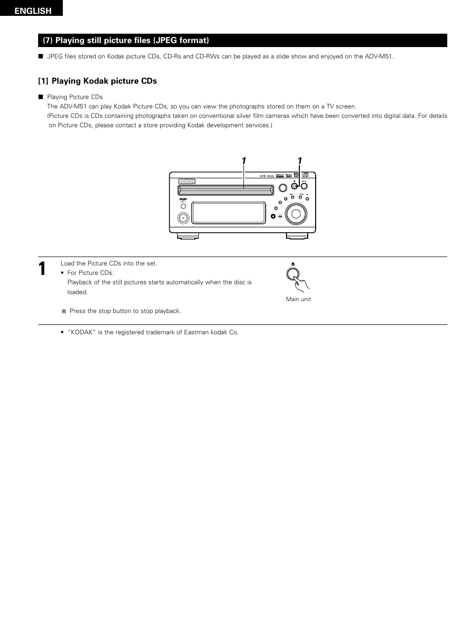 English, 1] playing kodak picture cds, 7) playing still picture files (jpeg format) | Denon D-M51DVS User Manual | Page 72 / 109