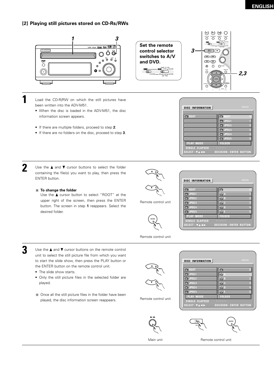 English, 2] playing still pictures stored on cd-rs/rws, Remote control unit | Remote control unit main unit | Denon D-M51DVS User Manual | Page 73 / 109
