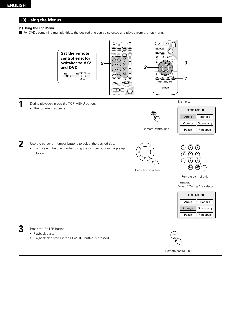 English, 9) using the menus, Top menu | Button is pressed, Example: example: when “orange” is selected, Remote control unit, Banana strawberry pineapple, Orange peach apple banana strawberry pineapple, Orange peach apple | Denon D-M51DVS User Manual | Page 78 / 109