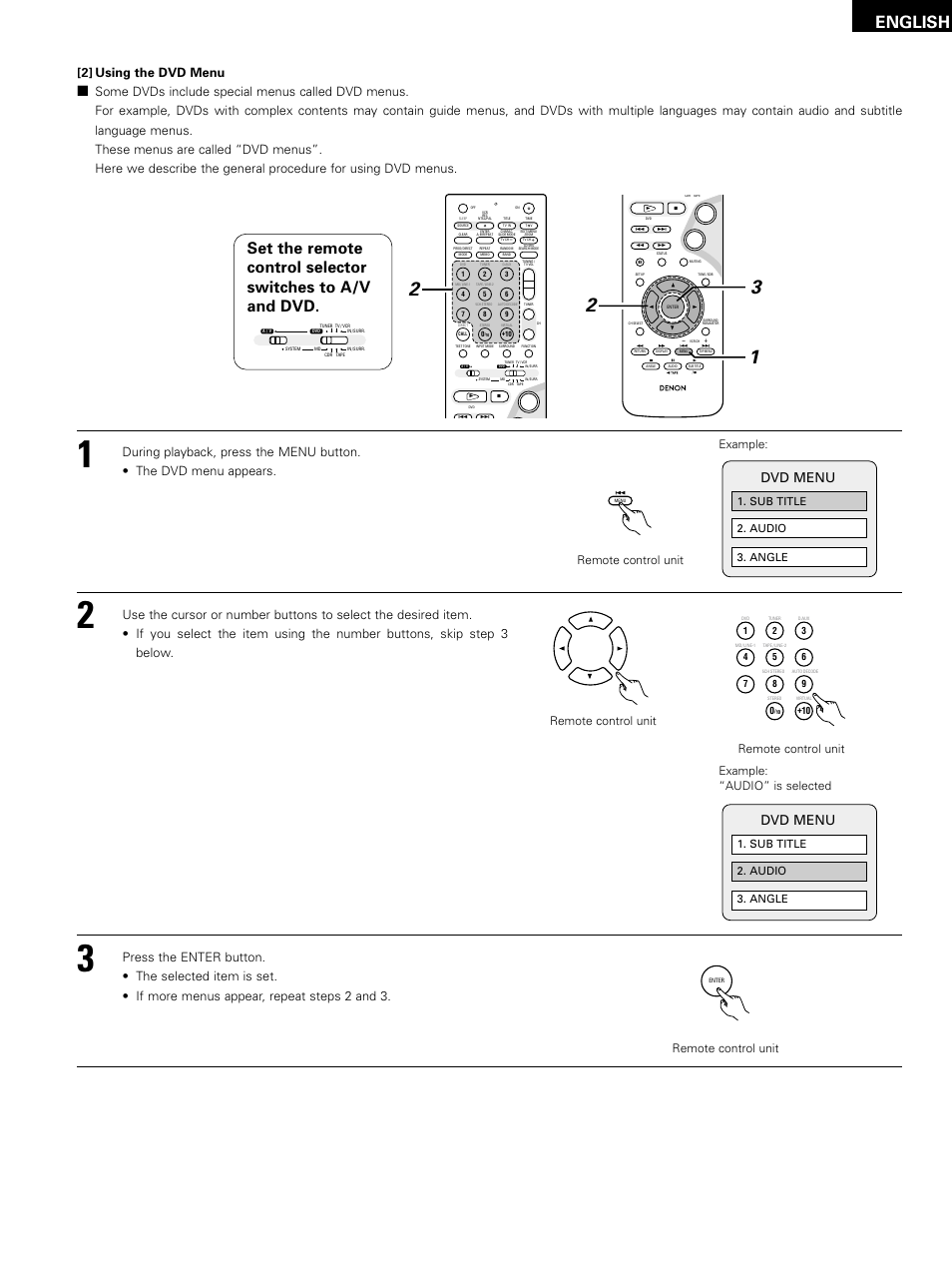English, Dvd menu, Remote control unit | Denon D-M51DVS User Manual | Page 79 / 109
