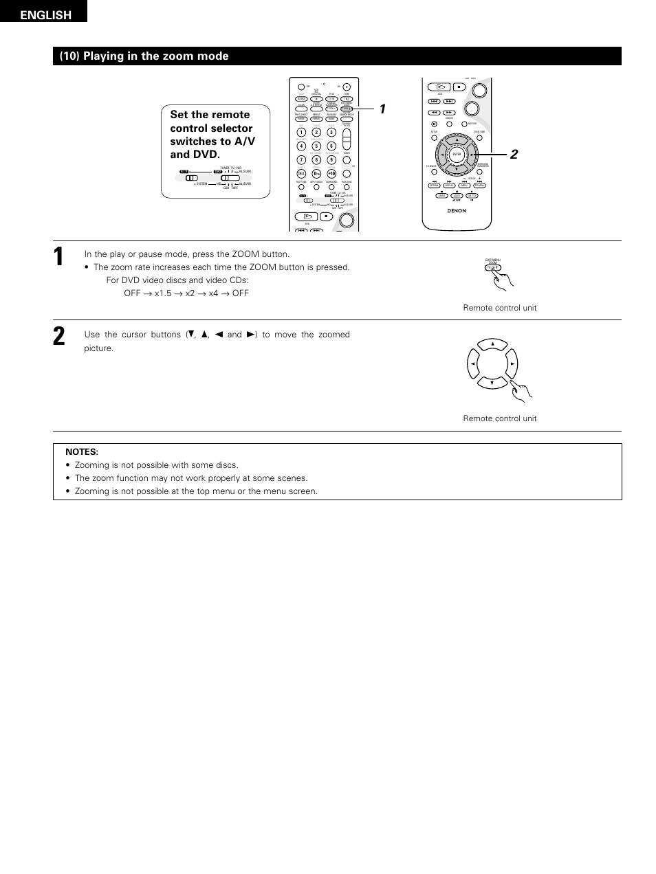 English, 10) playing in the zoom mode, Remote control unit use the cursor buttons (ª | Denon D-M51DVS User Manual | Page 80 / 109
