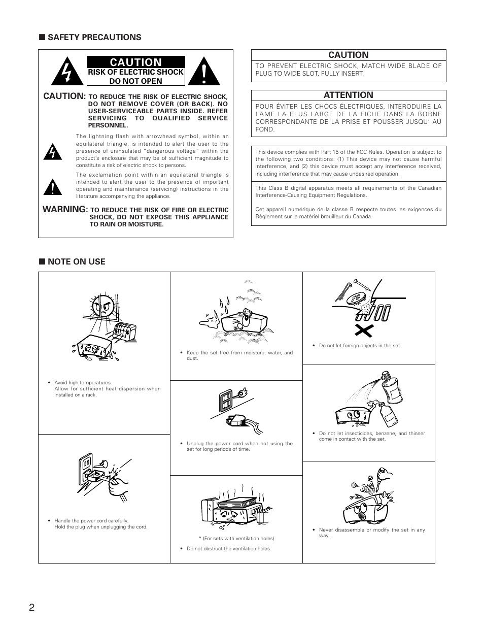 Caution, Warning, Attention | Safety precautions | Denon PMA-2000IVR User Manual | Page 2 / 16