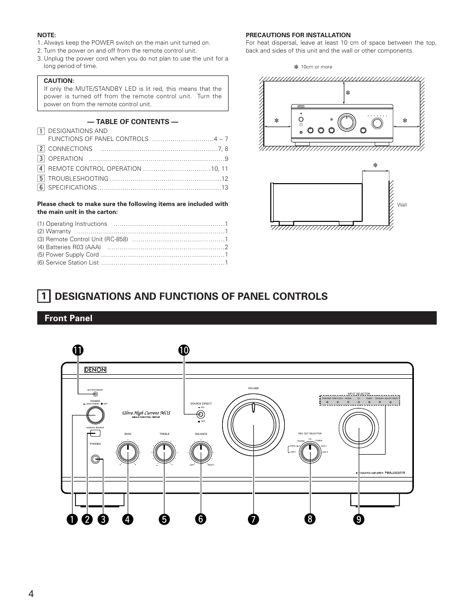 1 designations and functions of panel controls, Front panel | Denon PMA-2000IVR User Manual | Page 4 / 16