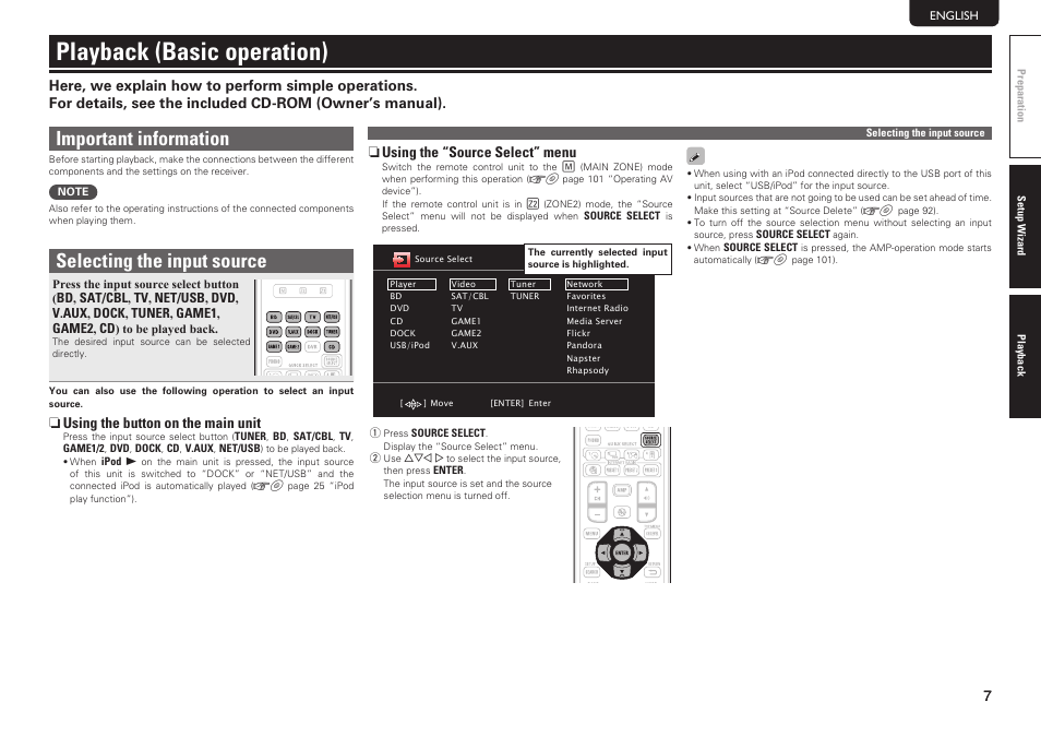Playback (basic operation), Important information, Selecting the input source | Denon AVR-1912 User Manual | Page 11 / 16