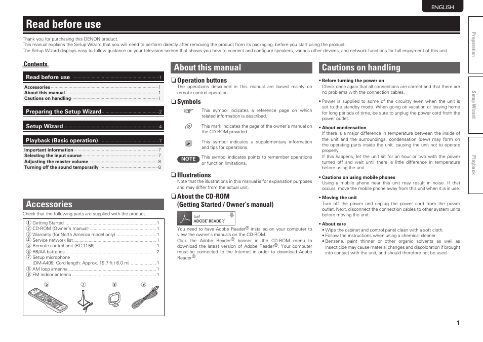 Read before use, About this manual, Cautions on handling | Accessories | Denon AVR-1912 User Manual | Page 5 / 16