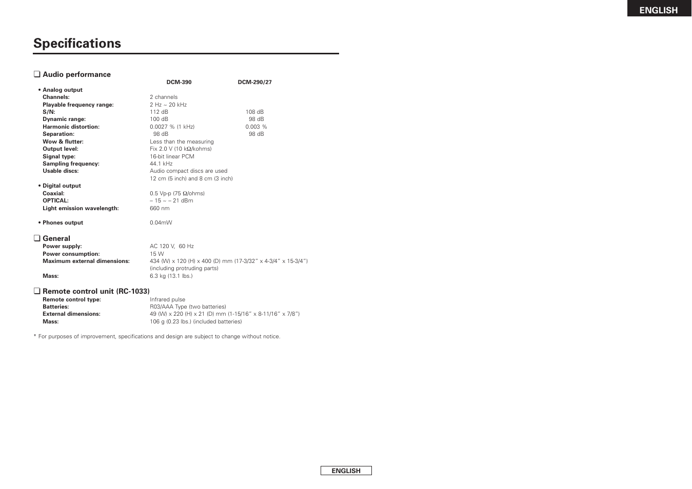 Specifications, English | Denon DCM-390/290 User Manual | Page 15 / 16