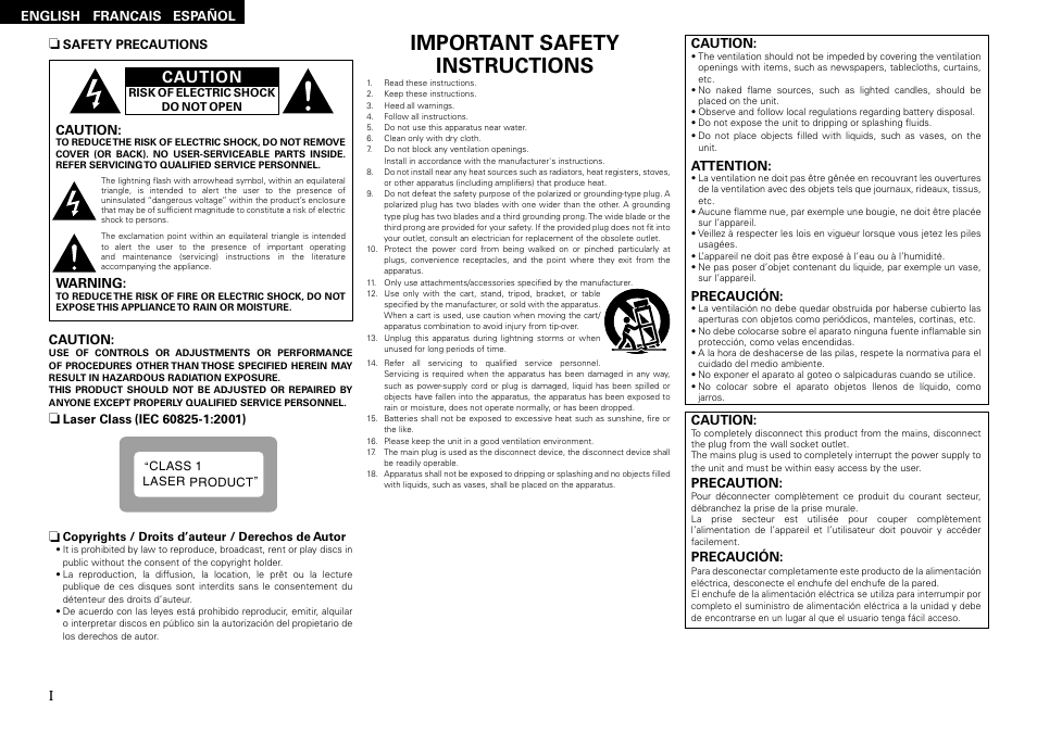 Important safety instructions, Caution | Denon DCM-390/290 User Manual | Page 2 / 16