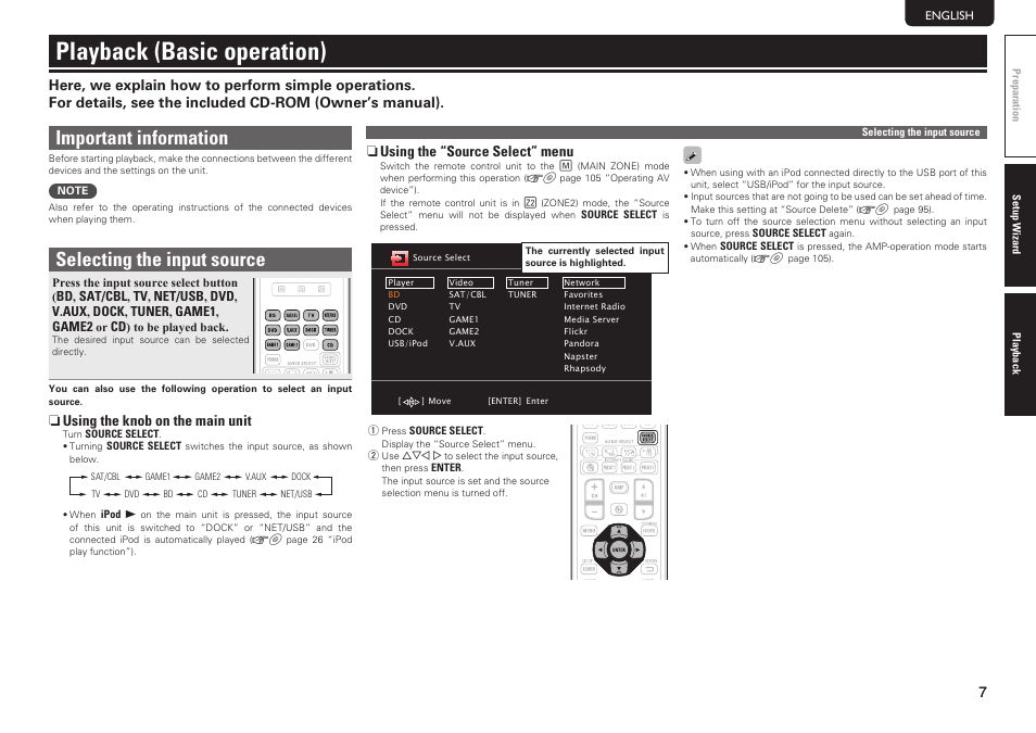 Playback (basic operation), Important information, Selecting the input source | Denon AVR-2112CI User Manual | Page 11 / 14